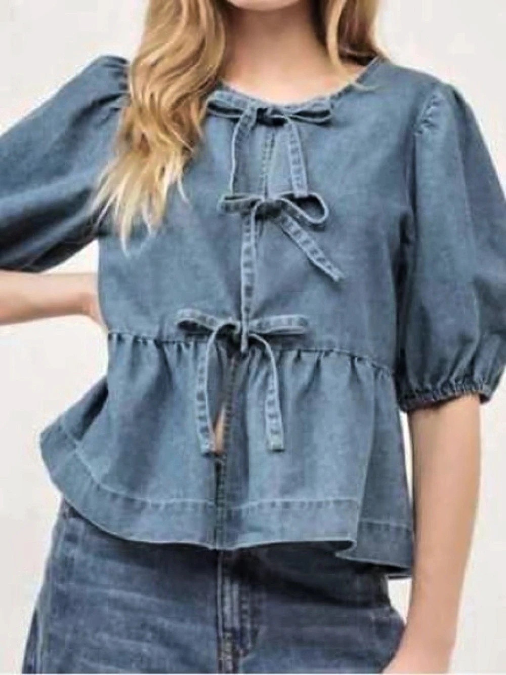 Aaron & Amber Blue Denim Puff Sleeve Peplum Blouse Size Medium Like New